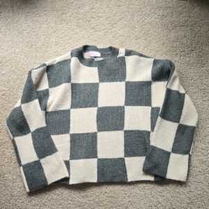 Pink Lily Green and Cream Checkered Sweater